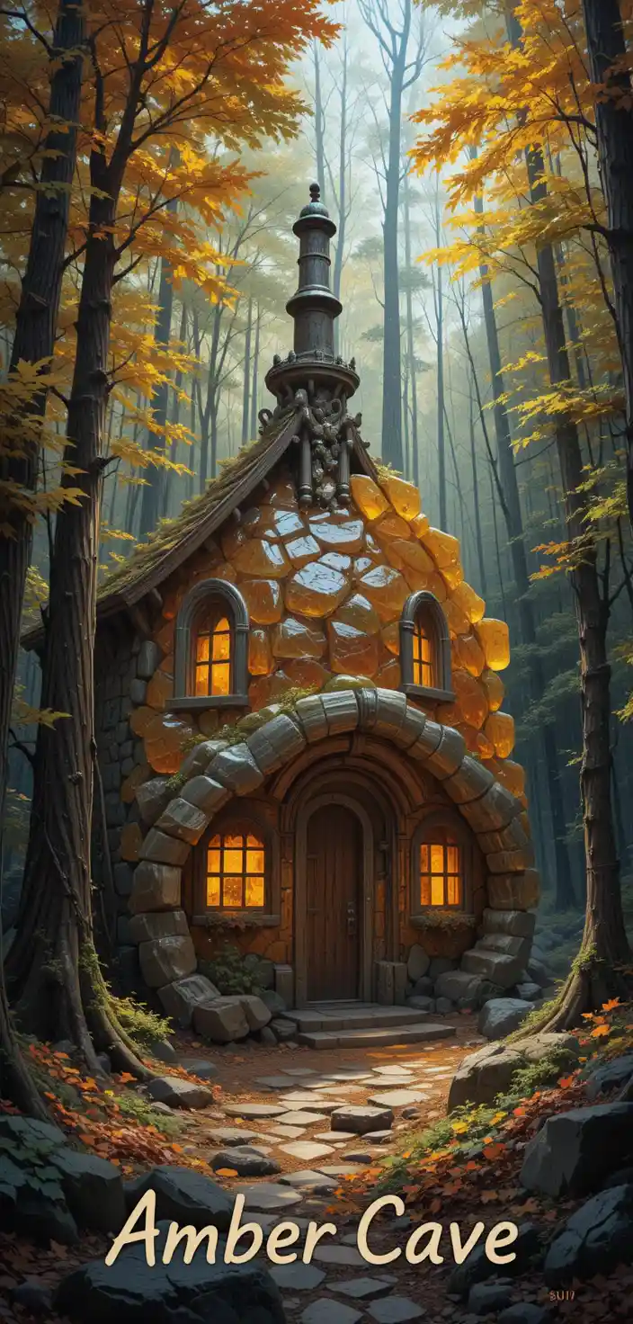 Impressionist amber cave house in a quiet forest