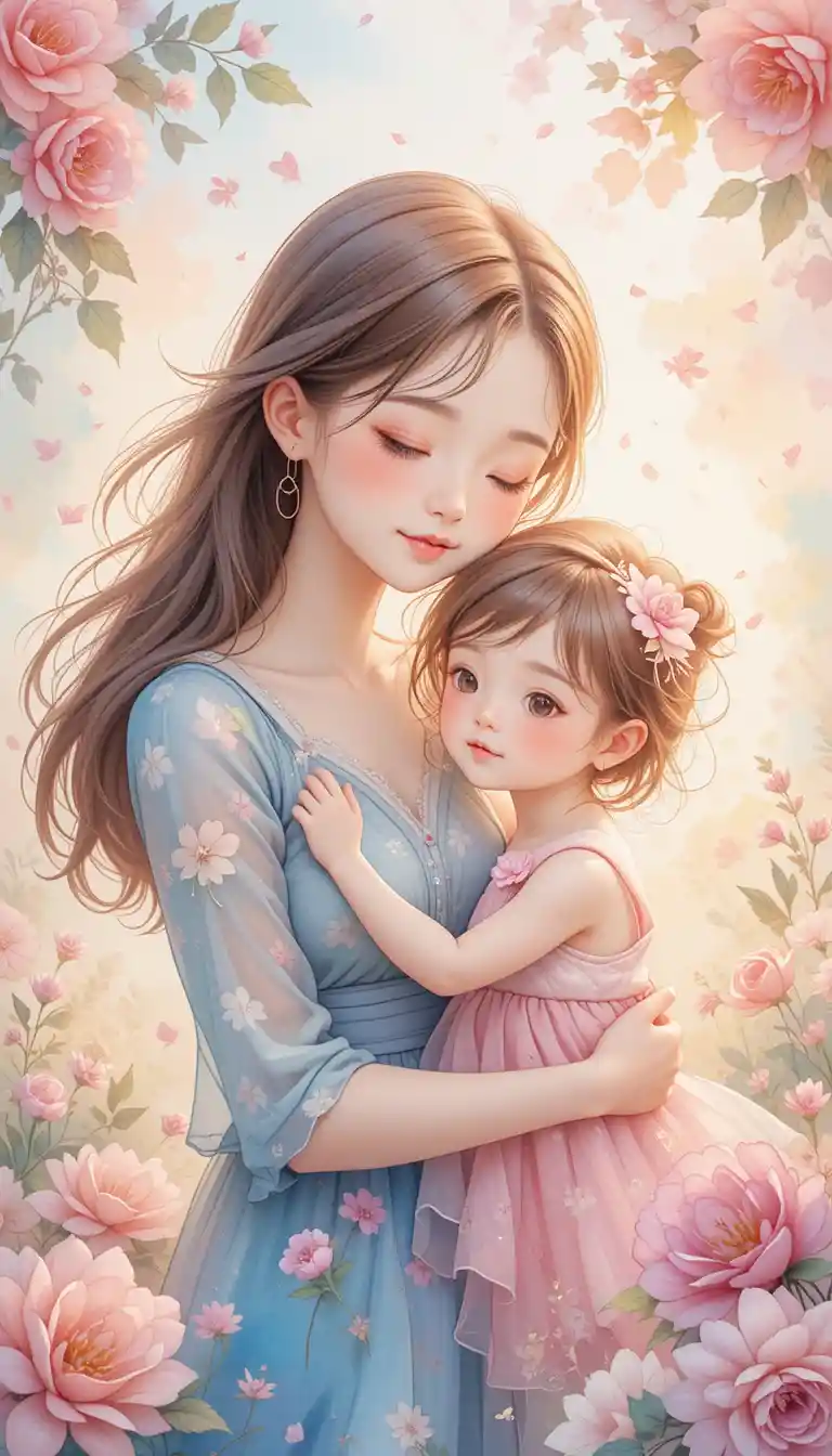 Watercolor portrait of a tender mother and child