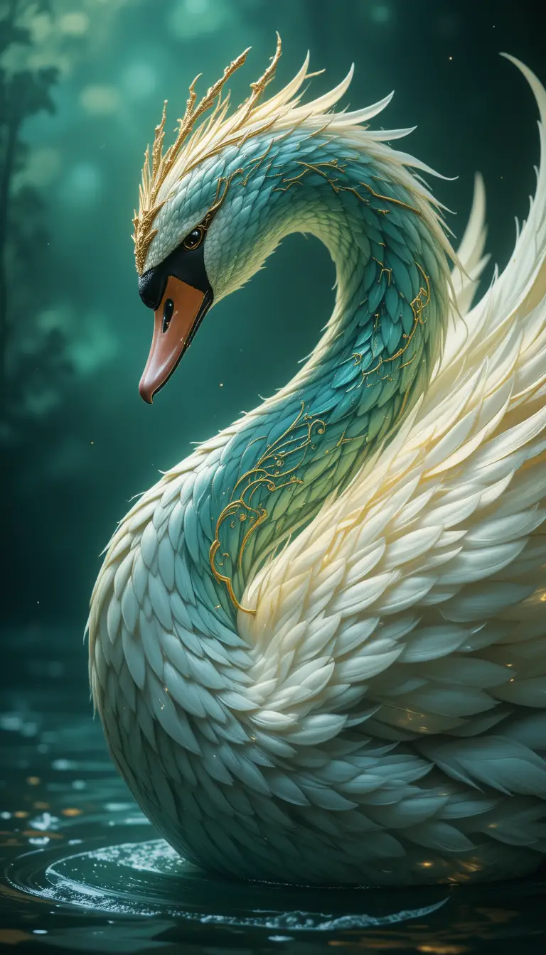Majestic teal and white swan in mystical fantasy glow