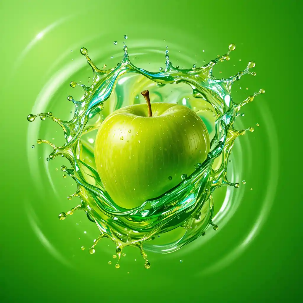 Green apple juice splash with bright ice and ripples