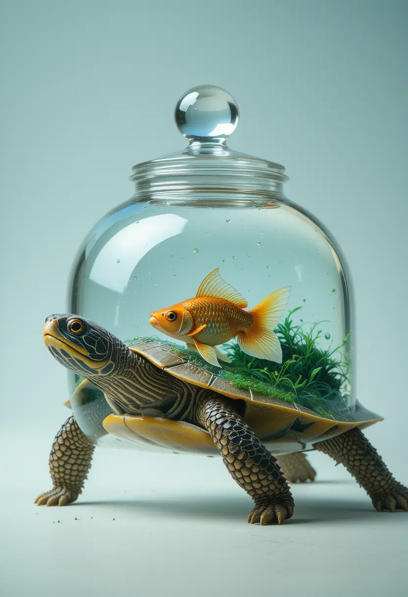 Photorealistic turtle with glass shell and swimming goldfish