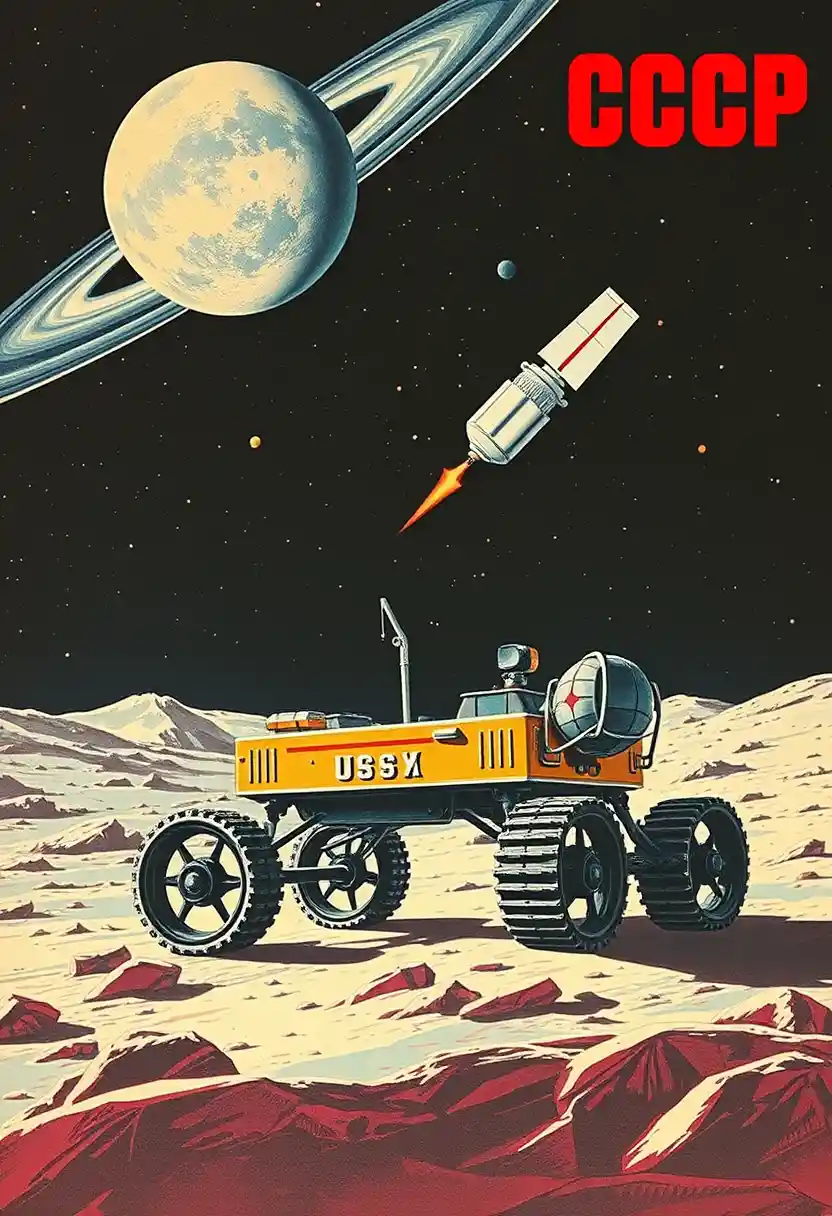 Soviet lunar rover exploring outer space with CCCP text