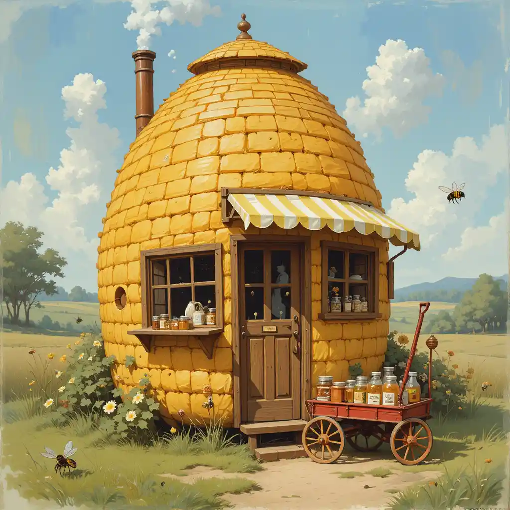 Impressionist beehive house kiosk selling honey jars