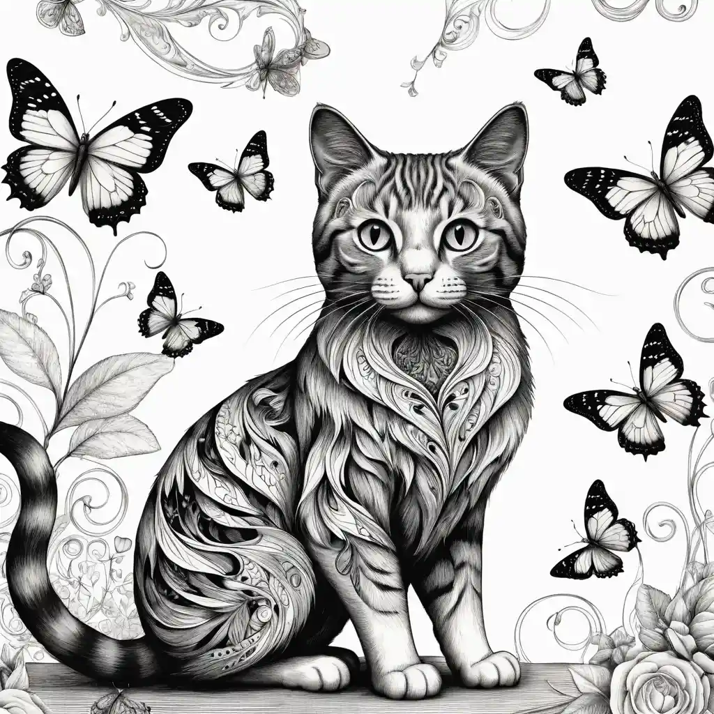 Majestic cat and butterfly in bold line art illustration