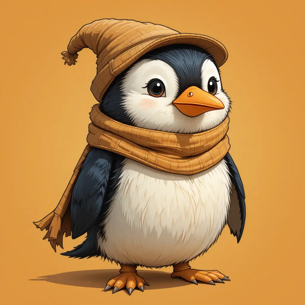 Cute little penguin wearing scarf and winter hat