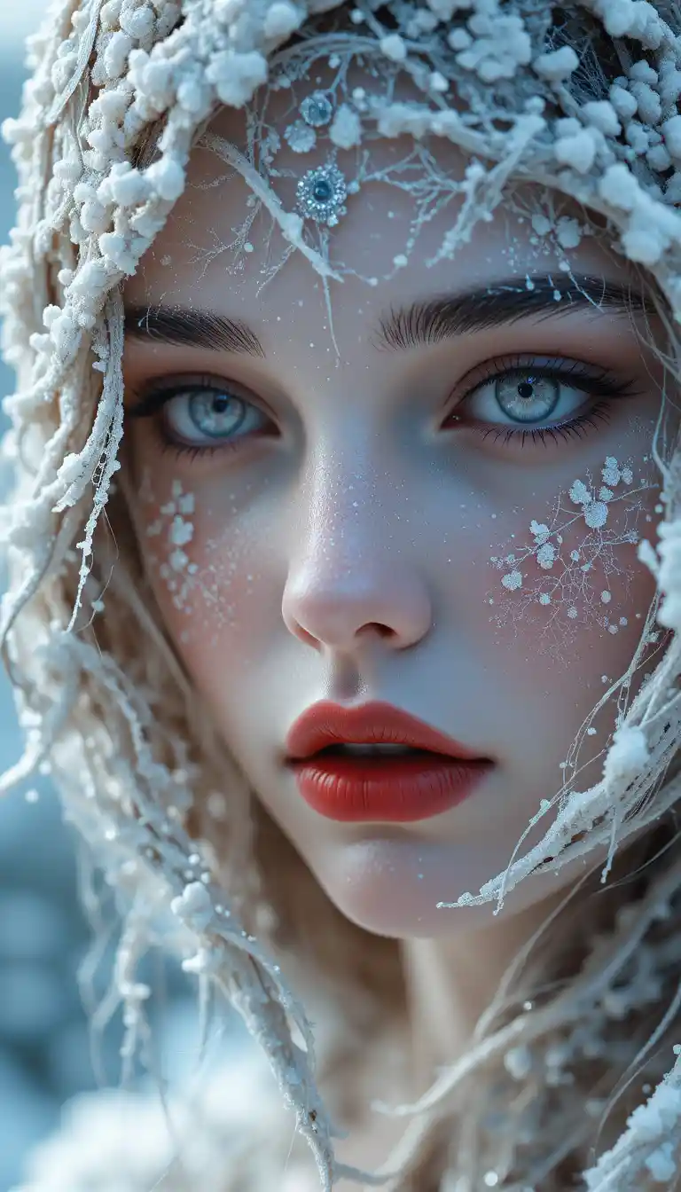 Ethereal icy woman portrait with frosty porcelain face
