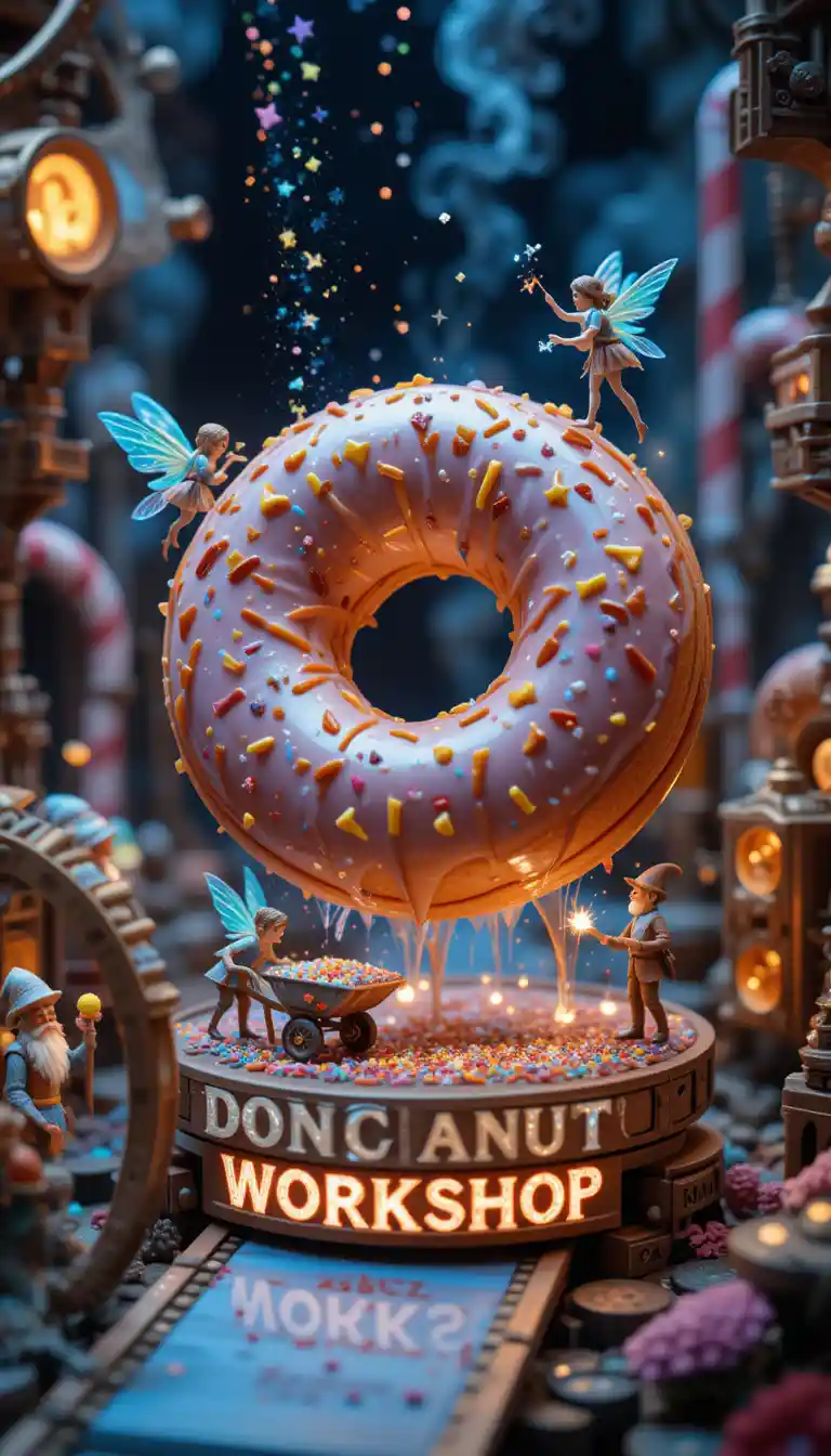 Tiny Fairies Crafting A Floating Donut In Magic Workshop