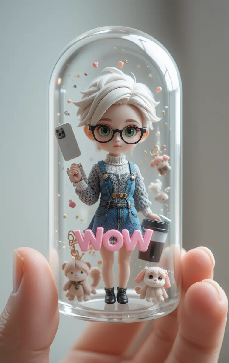 日常アイテムが浮かぶガラスカプセルの中のちびキャラ少女