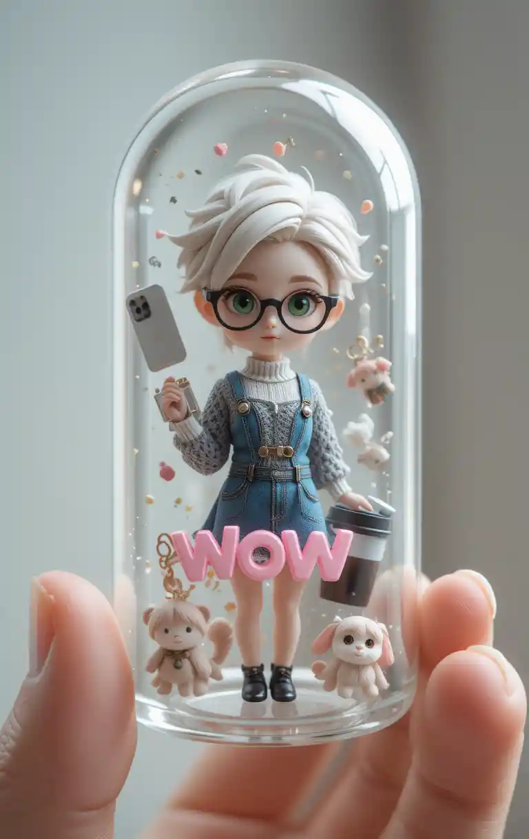 Chibi Girl In Glass Capsule With Floating Everyday Items