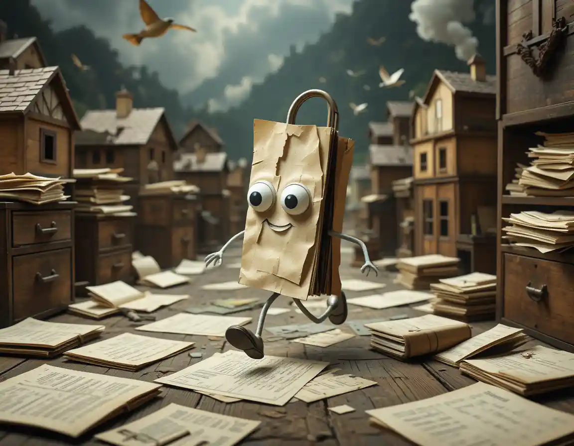 Googly eyed paperclip running through a surreal dream world