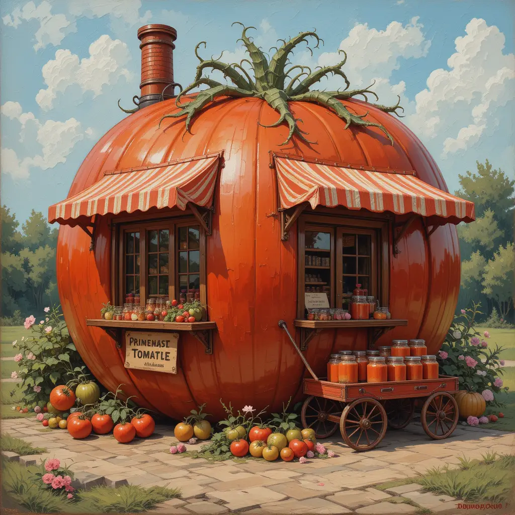 Impressionist tomato house kiosk selling sauce and tomatoes