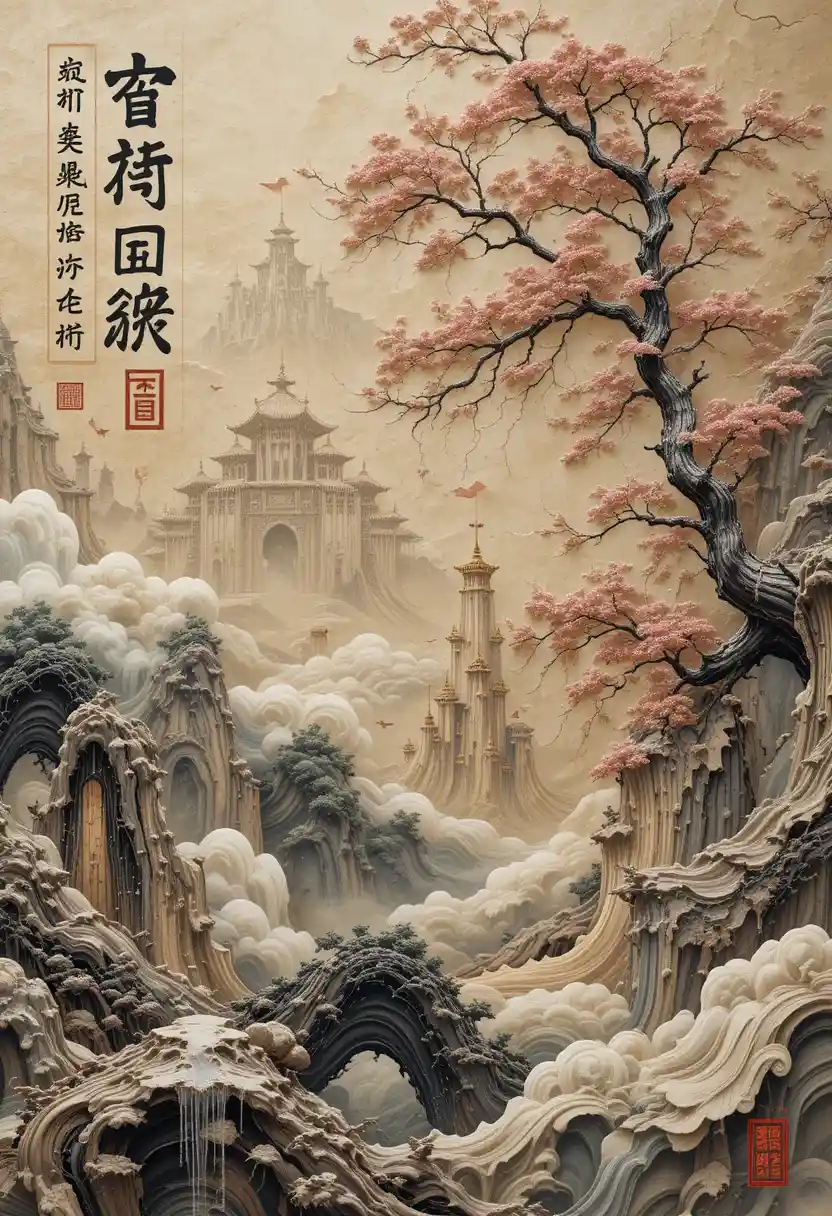 3d embossed chinese painting with poetic calligraphy details