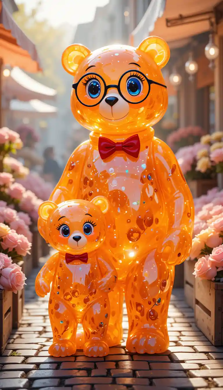 Familia de Ositos de Gelatina Brillantes en un Mercado de Flores de Ensueño