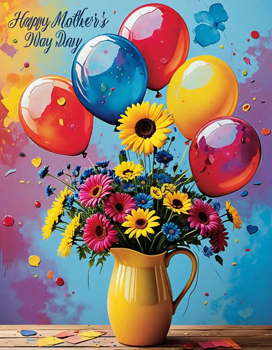 Happy mothers day card with balloons and flowers