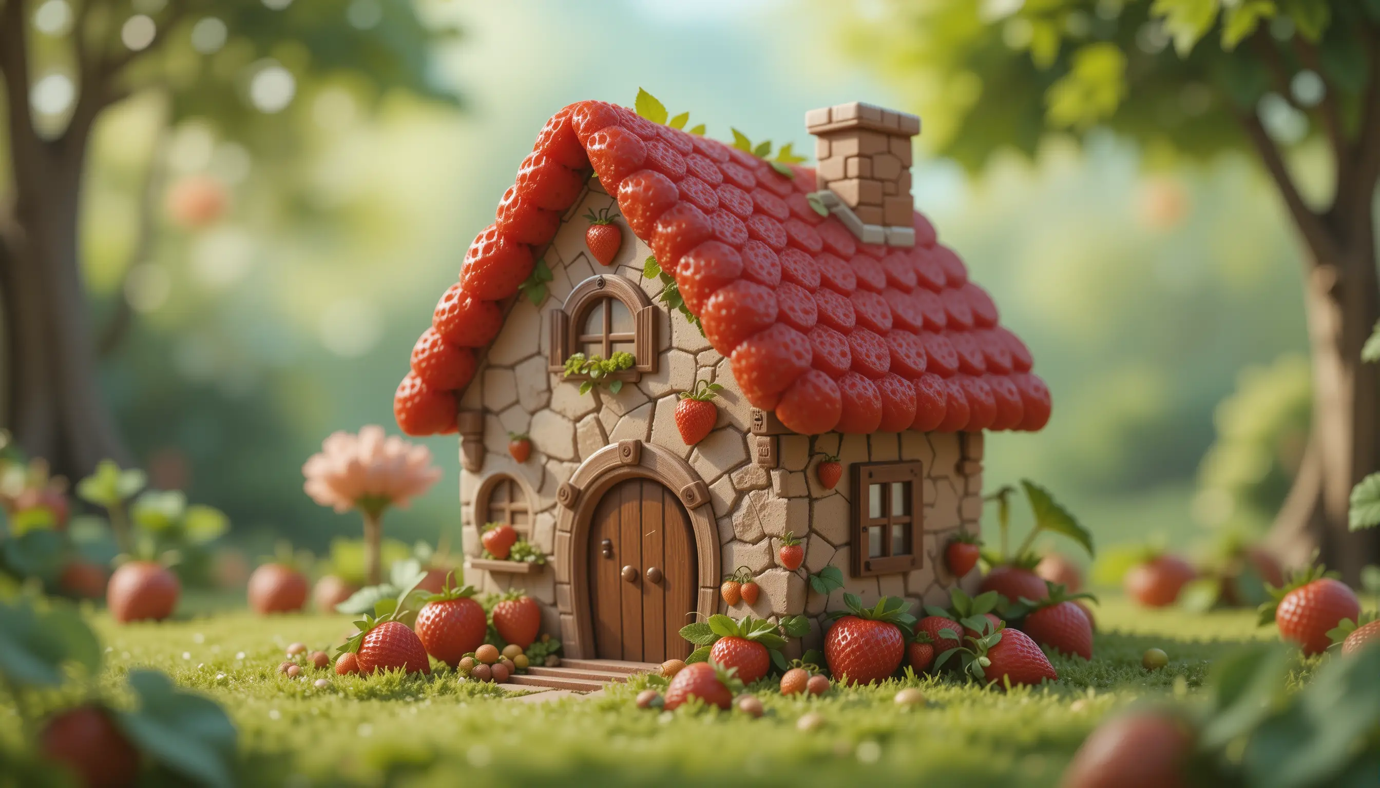 Cute chibi strawberry house made from juicy berries