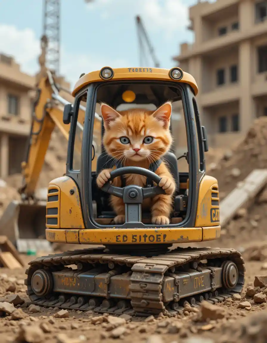 Angry orange kitten driving an excavator on site