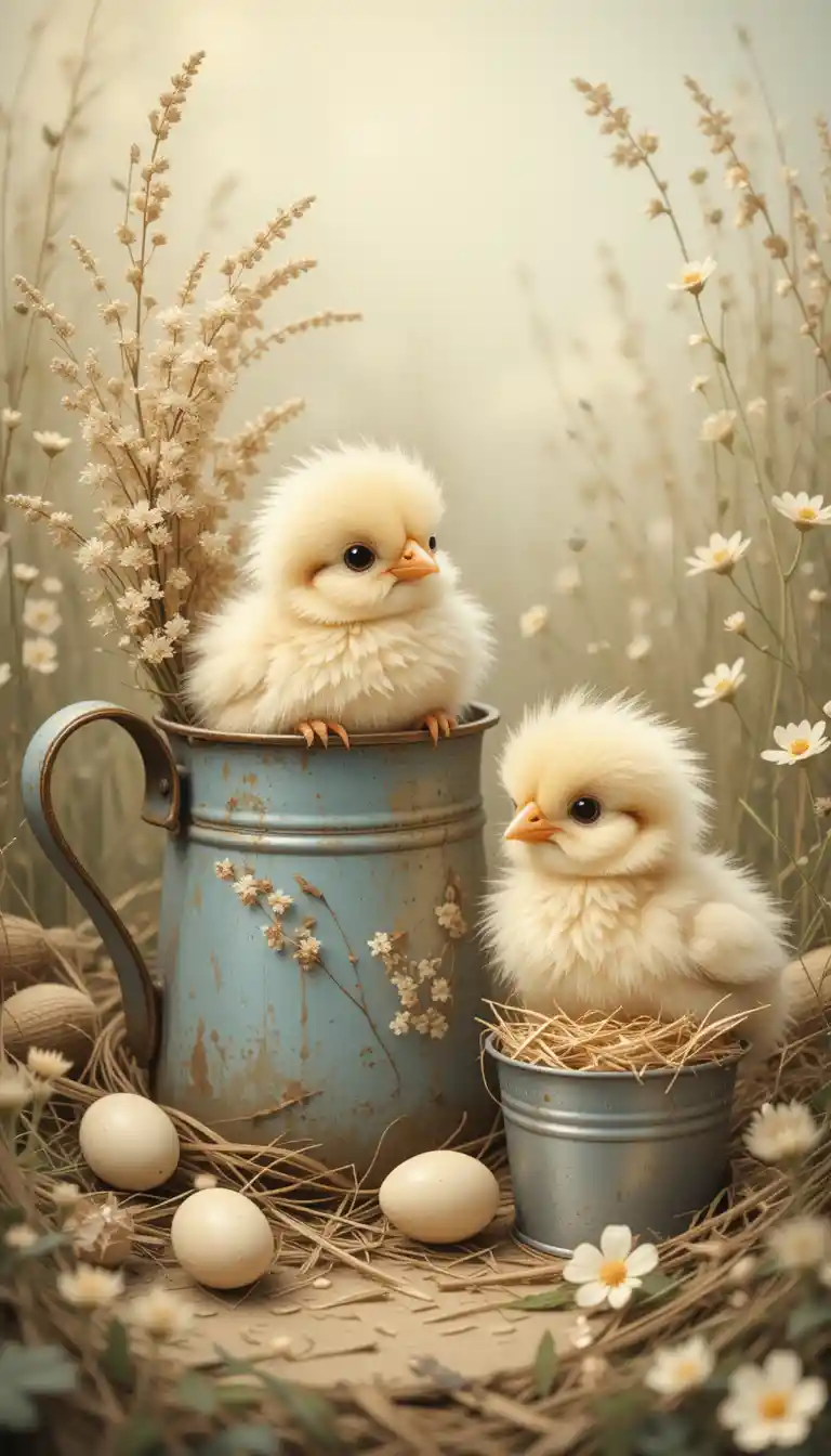Ilustración vintage de pollitos entre flores silvestres de primavera
