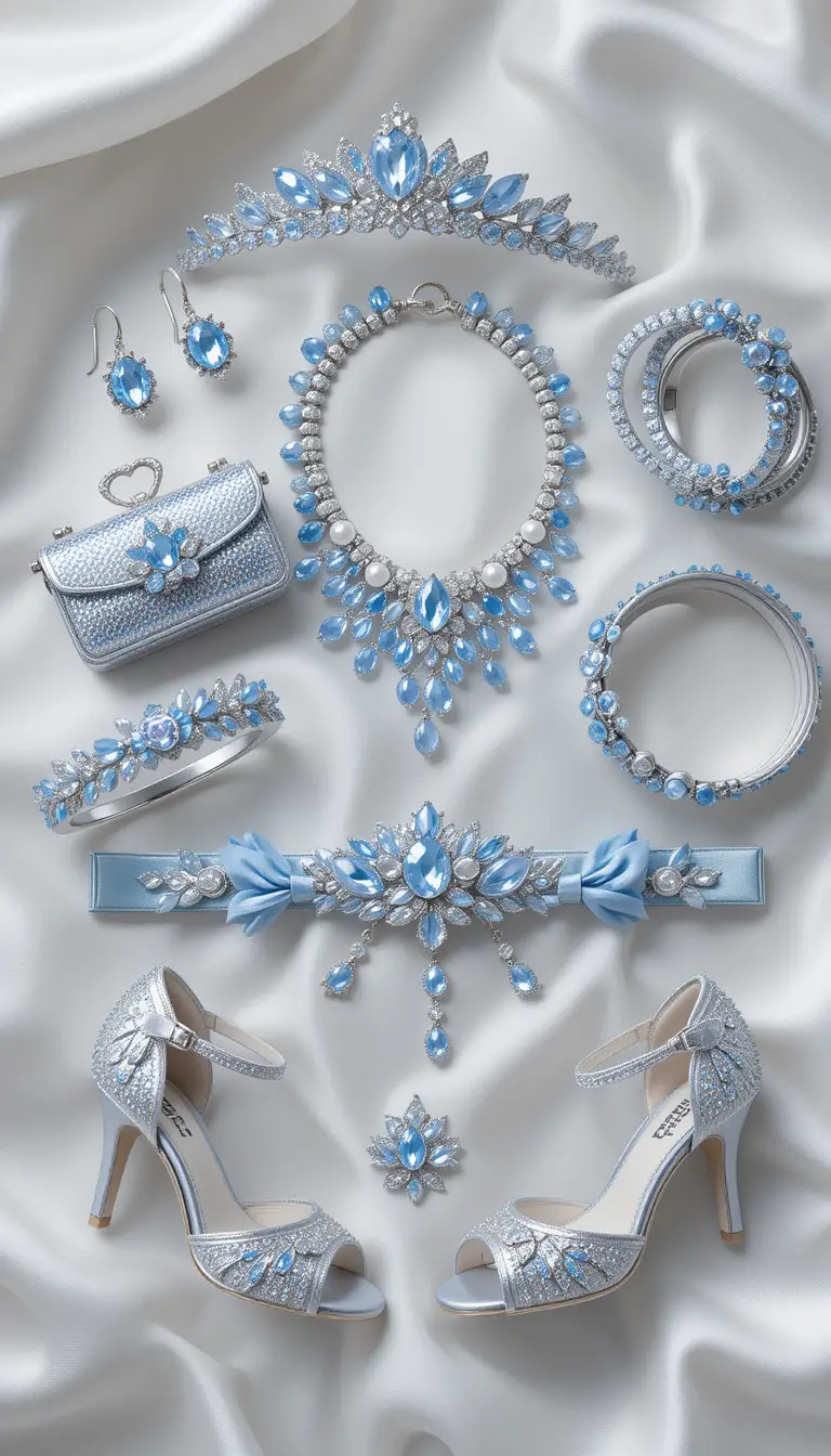 Royal ice blue and silver baby girl jewelry layout