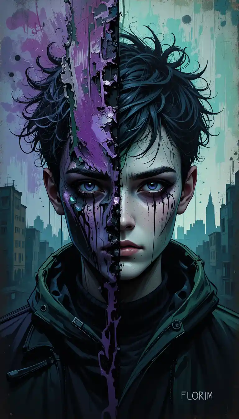 Eerie anime boy portrait against blurred urban skyline