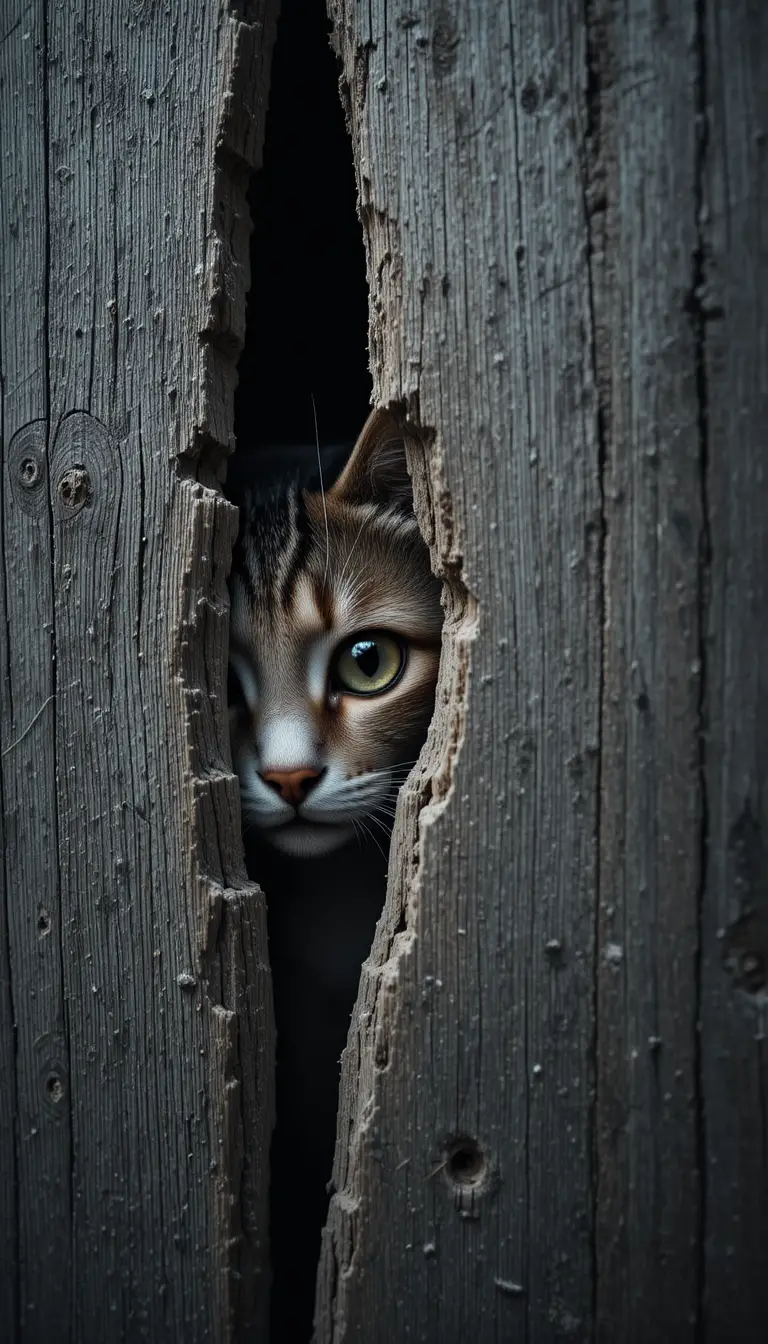 Curious Cat Eye Peeking Through Crack In Wooden Fence