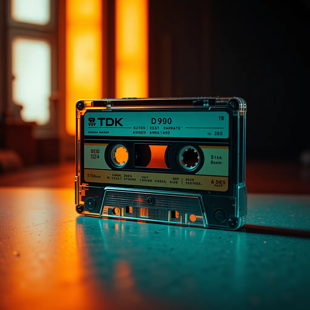 Vintage cassette tape in dramatic teal and orange light