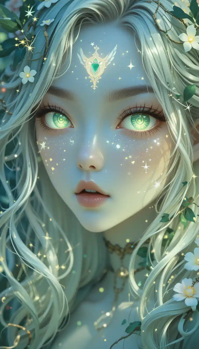Mystical forest nymph with glowing emerald eyes