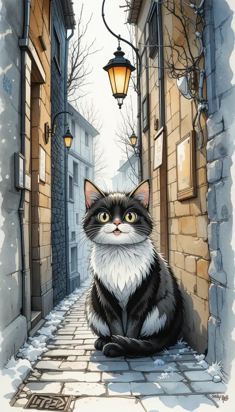 Ilustração de gato de rua em aquarela na suave luz da manhã