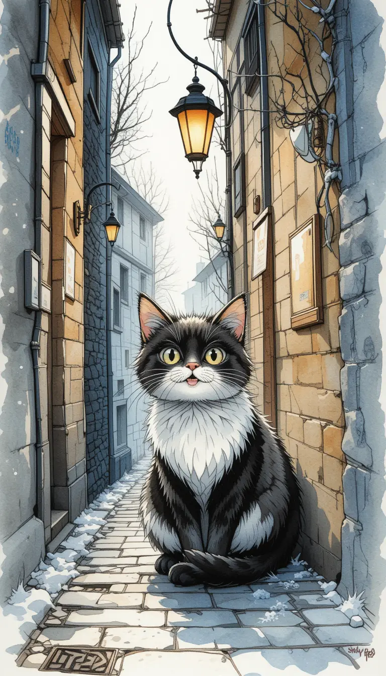 Watercolor alley cat in soft morning light illustration