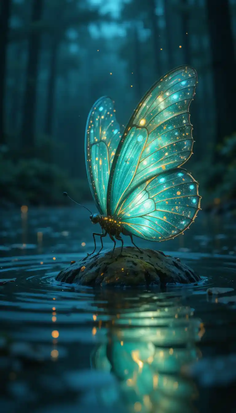 Luminous magical butterfly on reflective water at dusk