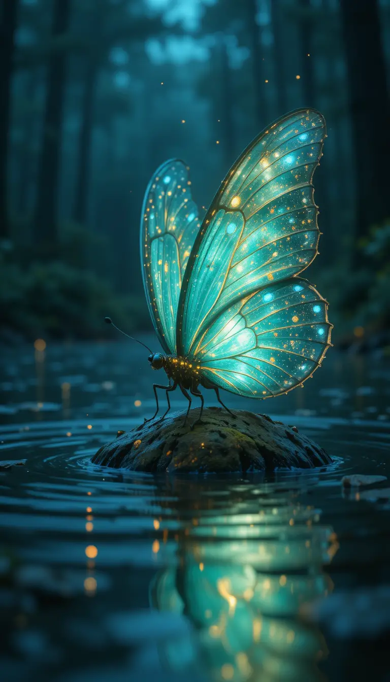 Luminous magical butterfly on reflective water at dusk