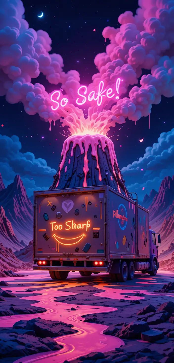 Cartoon truck unloading glowing art into happy volcano