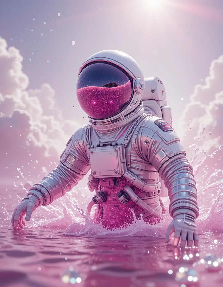 Astronaut Floating In Sparkling Pink Cosmic Liquid