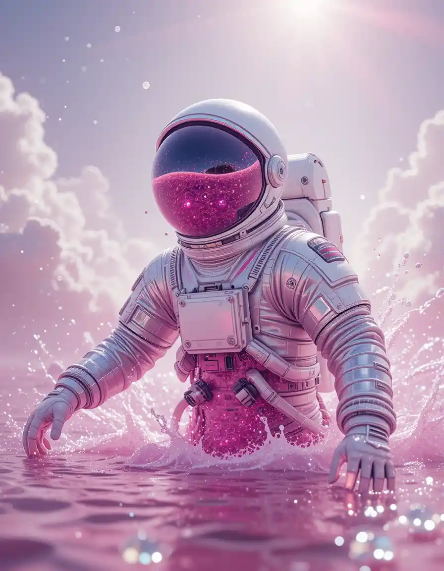 Astronaut Floating In Sparkling Pink Cosmic Liquid