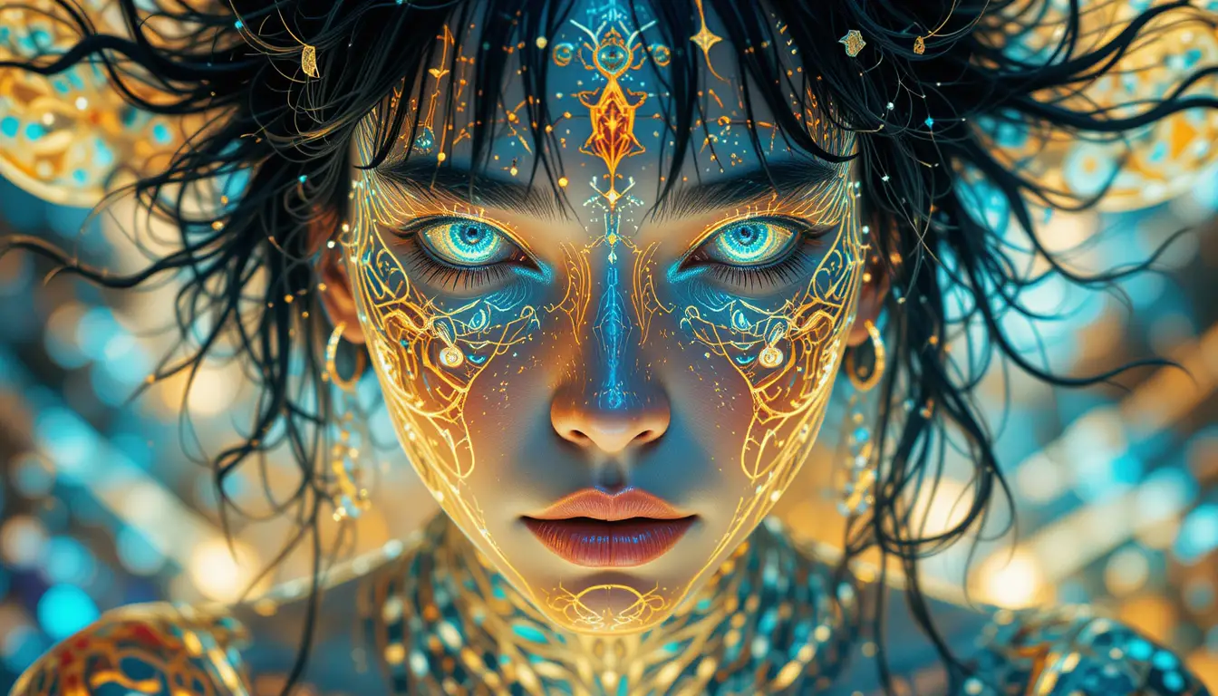 Psychedelic abstract figure in intense neon digital art