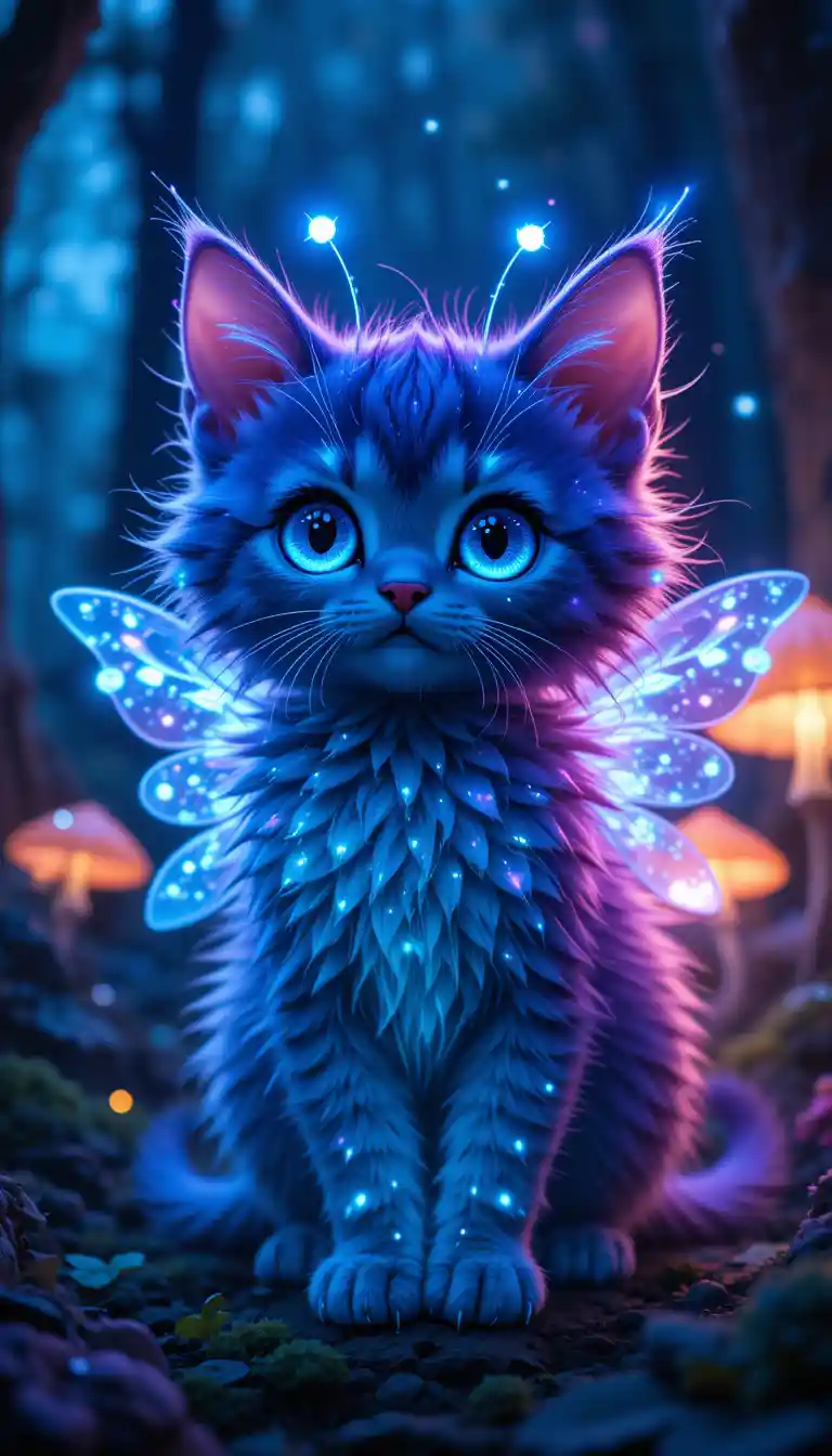 Magical Bioluminescent Kitten In Enchanted Night Forest