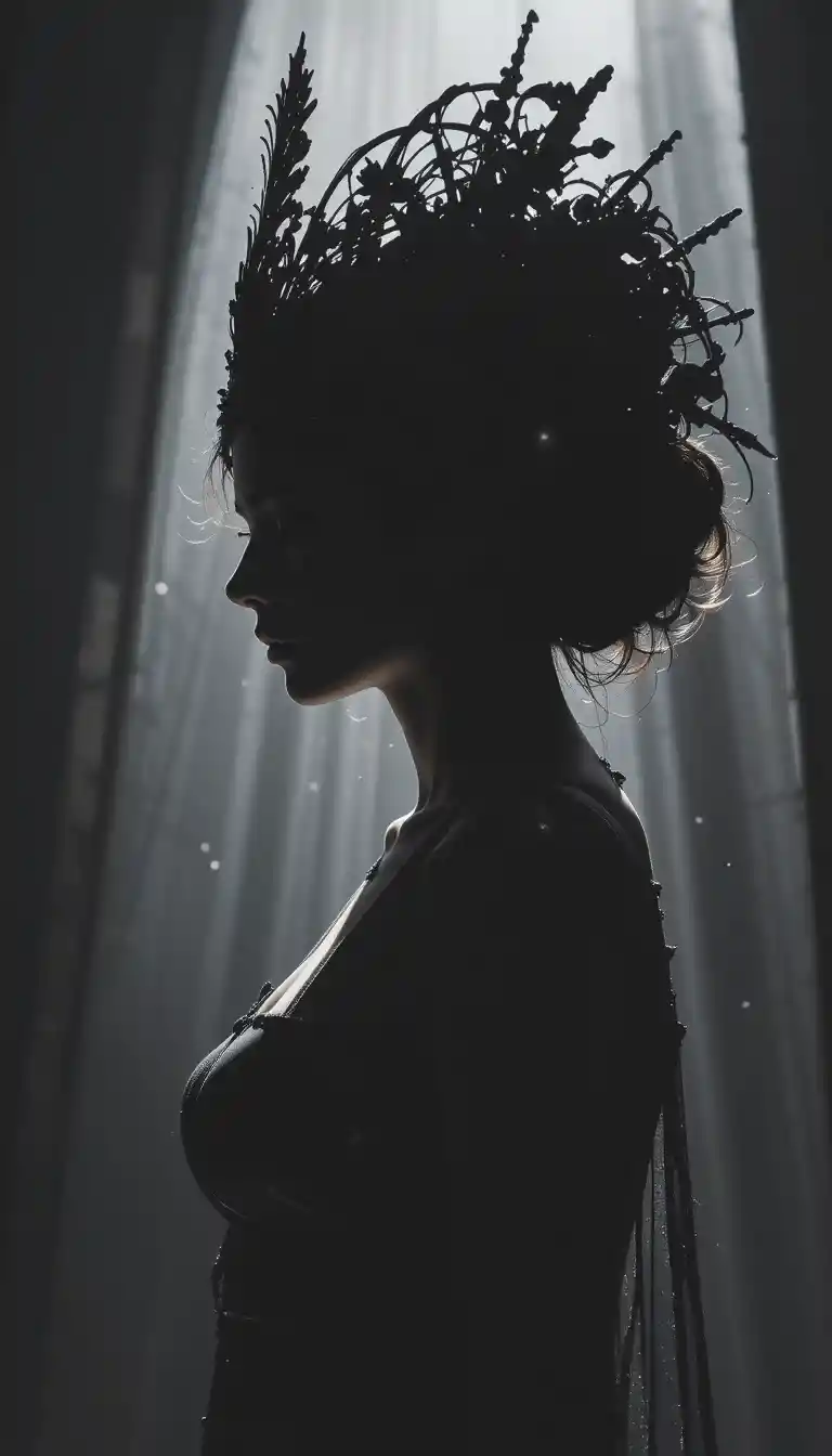 Dramatic full body silhouette of a woman with headwear
