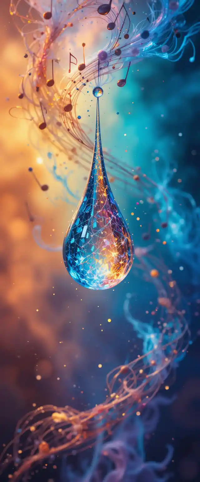 Floating tear with fire ice core and musical colors