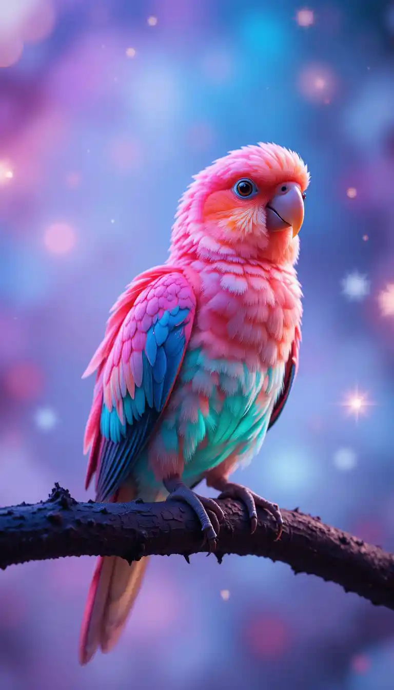 Colorful parrot perched on branch in magical glow
