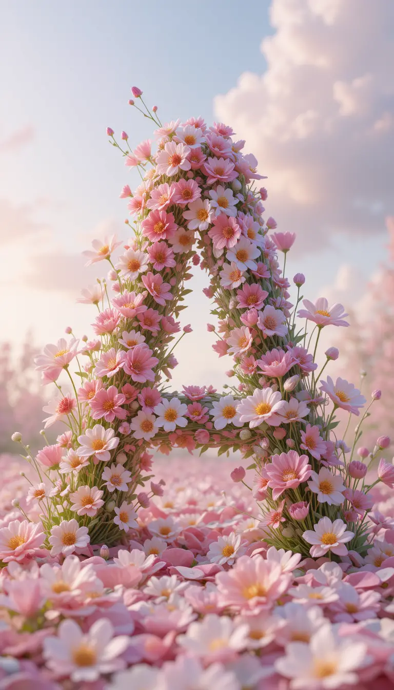 Lettre A 3D avec fleurs sauvages et ciel pastel doux