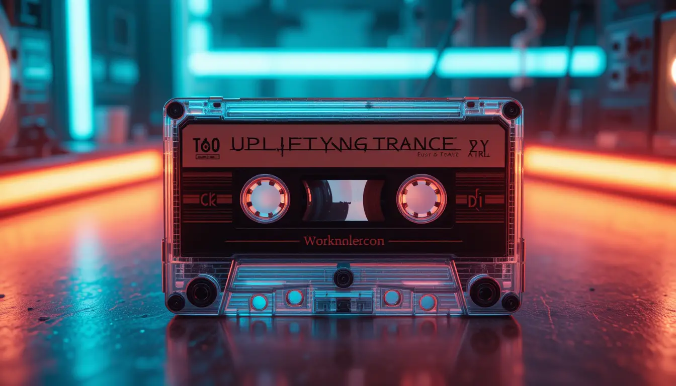 Vintage cassette tape with neon light in studio close up