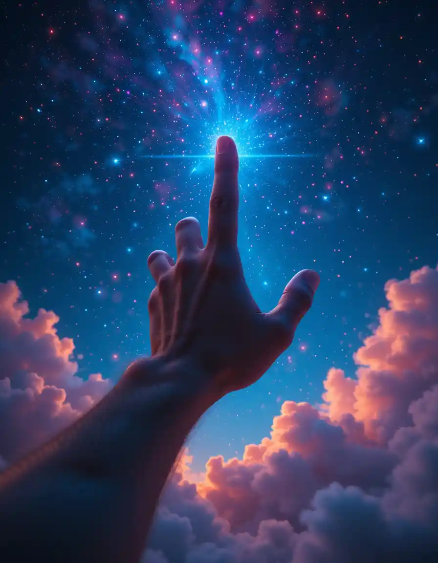 Hand Reaching Down From Clouds Into Colorful Mystical Sky