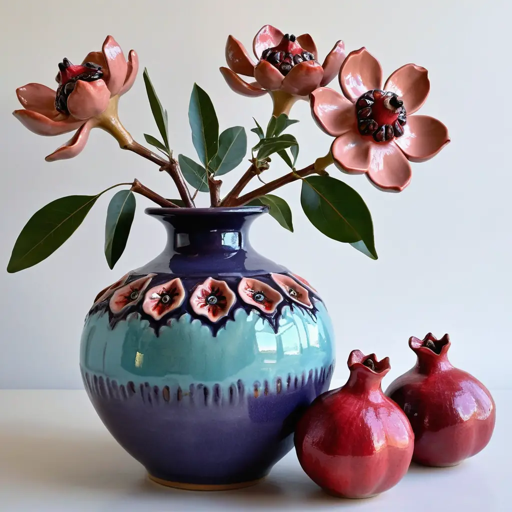 Pastel purple and blue ceramic vase with flower