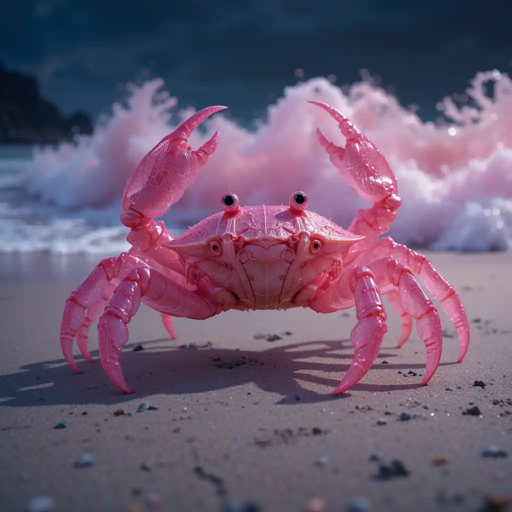 Caranguejo rosa transparente e fantástico acenando na praia à noite