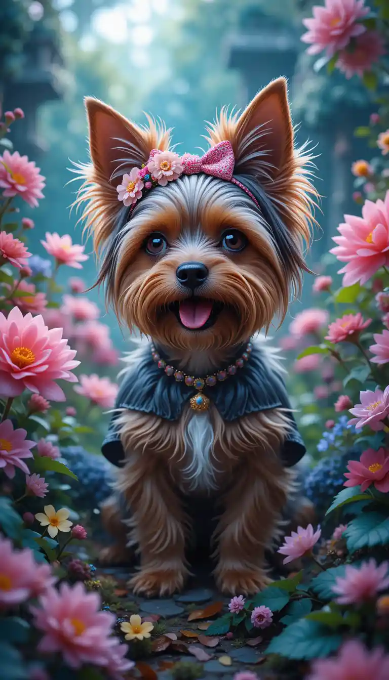 Yorkie In An Enchanted Flower Filled Fantasy Garden
