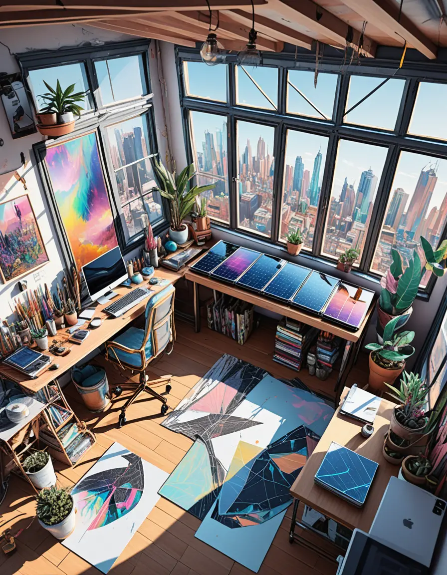 Moody loft art studio perspective sketch from above