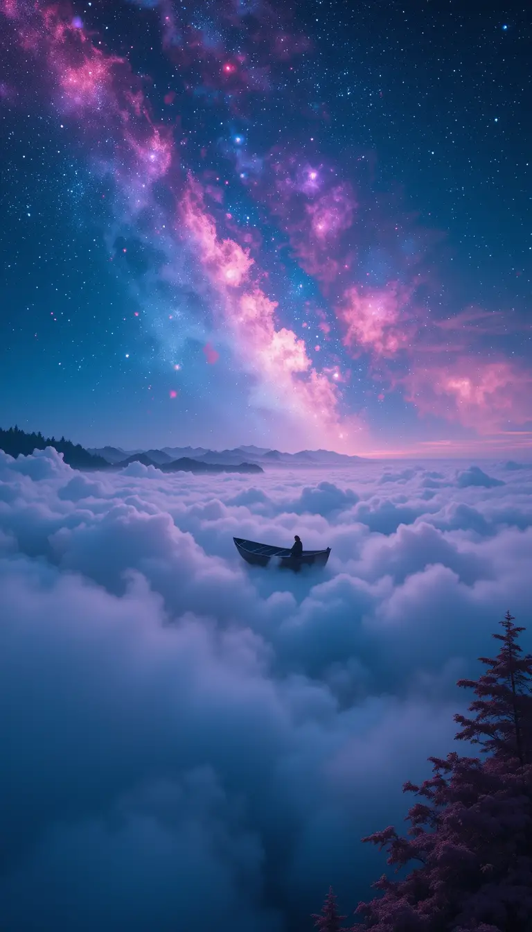 Boat Sailing Above Clouds In A Magical Night Sky