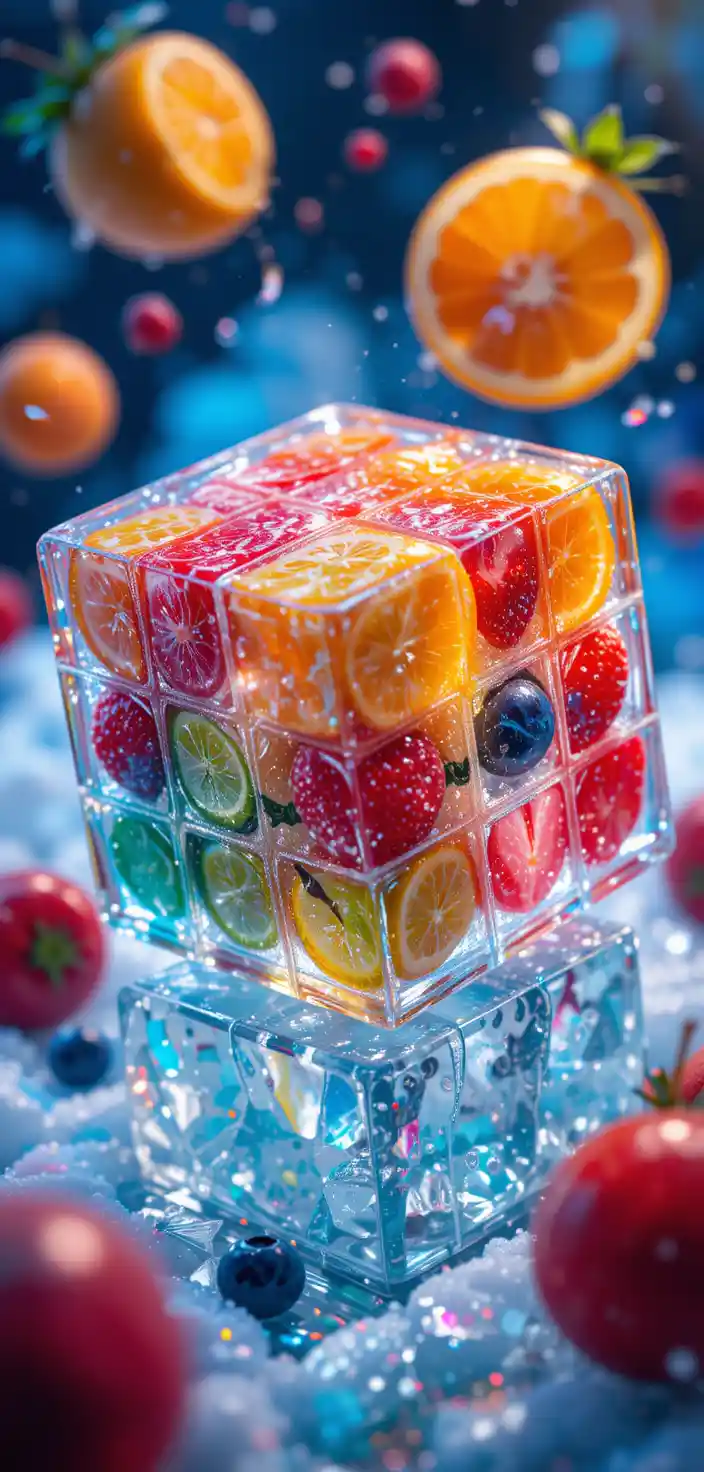 Floating fruit cube in ice with dreamy colorful droplets