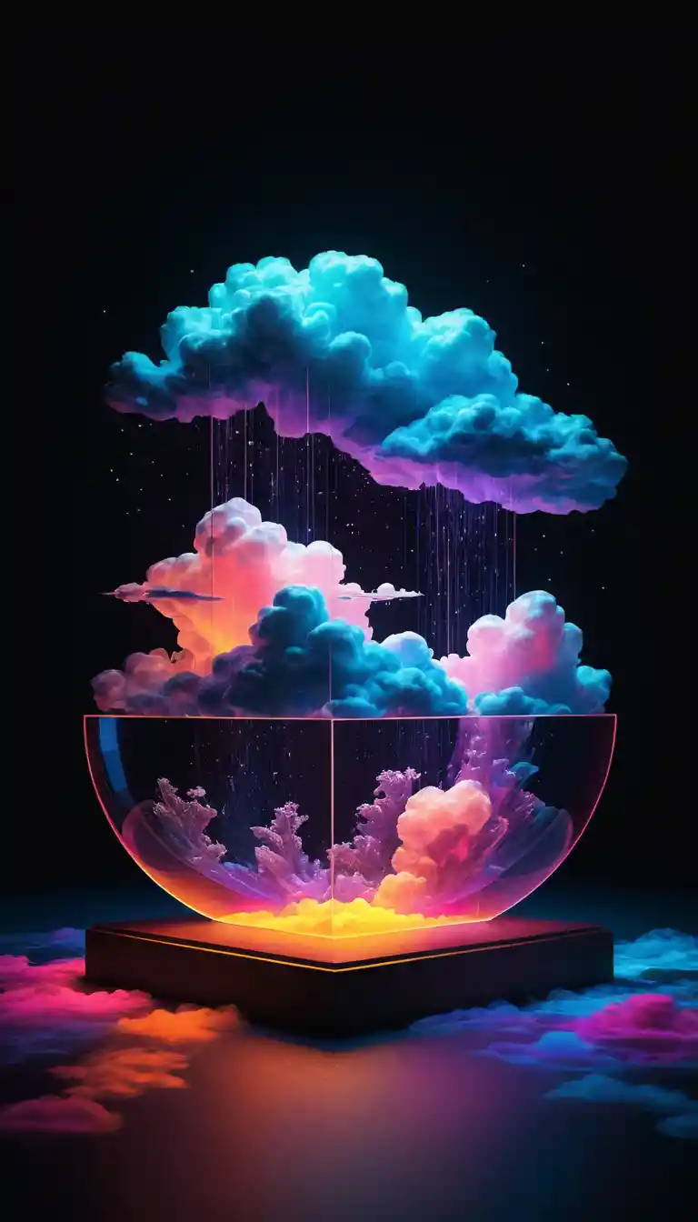 Surreal neon cloud rising from a glowing vessel at night