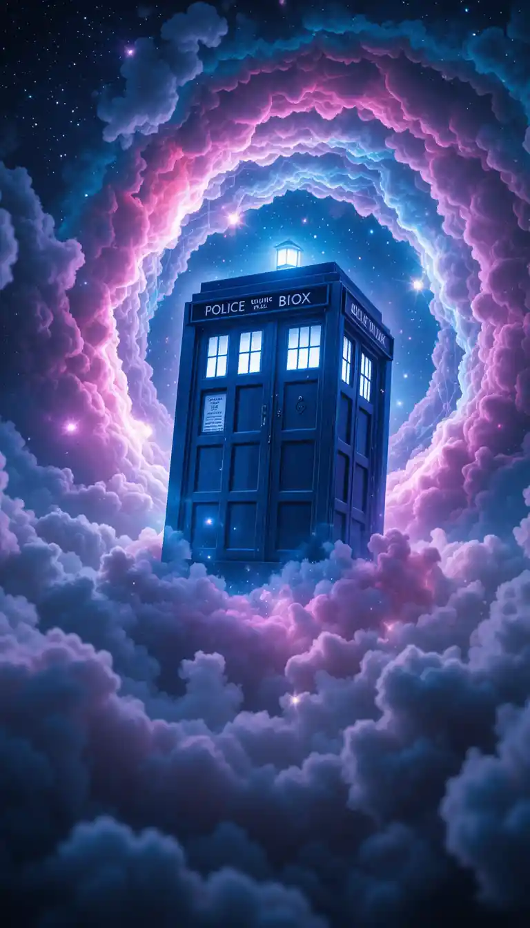 Blue police box spaceship drifting through colorful galaxy