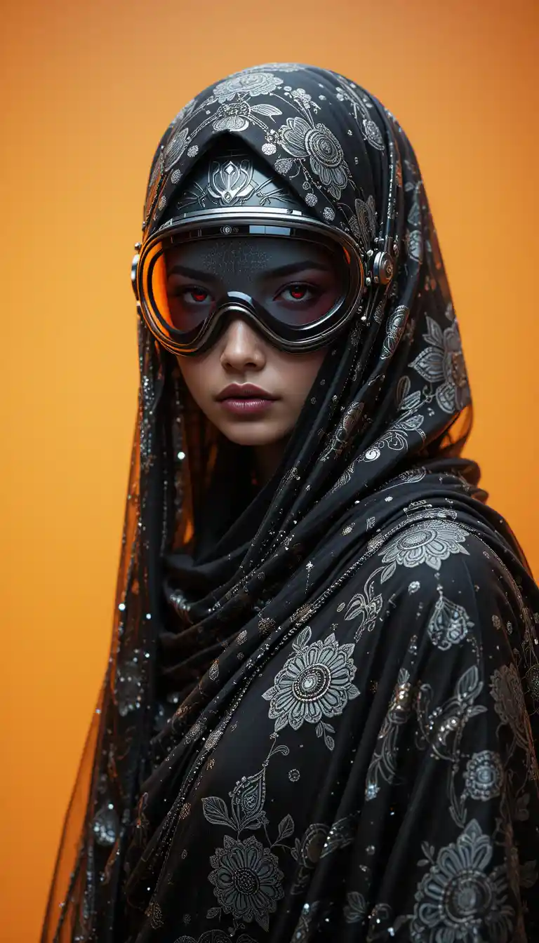 Woman in futuristic sari hood with glowing red eyes